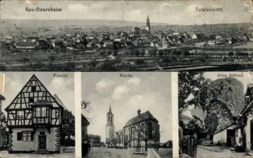Ak Gau Odernheim Rheinhessen, Totale, Kanzel, Kirche, altes Schloss