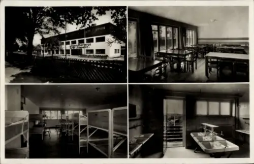 Ak Friedrichshafen am Bodensee, Jugendherberge Zeppelin, Innenräume, Tische, Betten, Küche