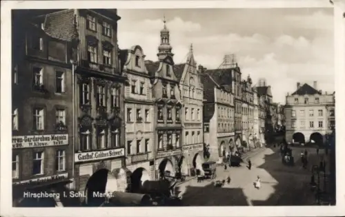Ak Jelenia Góra Hirschberg Riesengebirge Schlesien, Markt, Gasthof Goldenes Schwert, Geschäfte