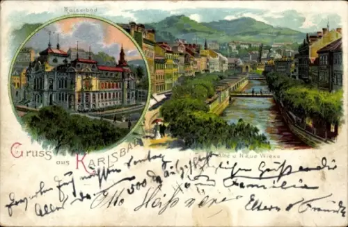Litho Karlovy Vary Karlsbad Stadt, Kaiserbad, alte und neue Wiese