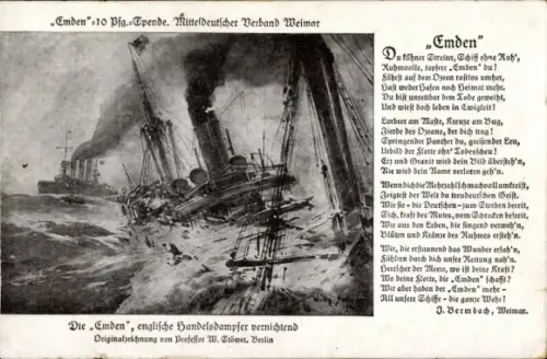 Ak Kriegsschiff Emden versenkt Engl. Handelsdampfer