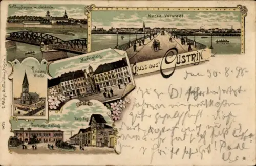 Litho Kostrzyn nad Odrą Cüstrin Ostbrandenburg, Kurze Vorstadt, Schlosskaserne, Marktplatz, Kirche