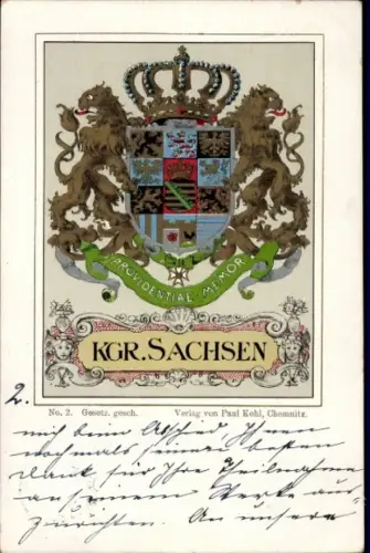 Wappen Litho Sachsen, Königlich Sächsisches Wappen, Löwen, Kunstverlag Paul Kohl Chemnitz Nr. 2