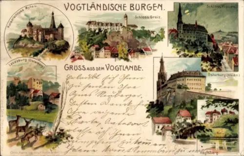 Litho Greiz im Vogtland, Kaiserschloss Mylau, Lobdoburg, Vogtsberg