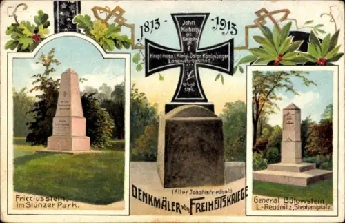 Ak Denkmäler vom Freiheitskriege, General-Bülowstein, Fricciusstein, Eisernes Kreuz