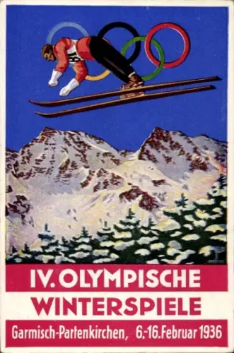 Künstler Ak Garmisch Partenkirchen in Oberbayern, Olympische Winterspiele 1936, Skisprung