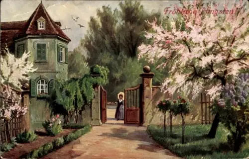 Ak Glückwunsch Pfingsten, Frau, Tor, Villa, Blühende Bäume