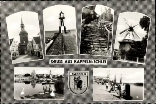 Ak Kappeln an der Schlei, Windmühle, Leuchtturm, Treppe, Hafen, Wappen