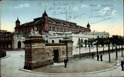Ak Mainz am Rhein, Mainz Stadthalle, historische Architektur, herrliche Umgebung, Menschen
