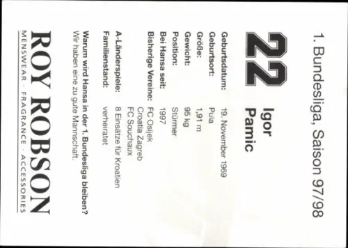 Autogrammkarte Fußballer Igor Pamic, FC Hansa Rostock, Autogramm