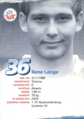 Autogrammkarte Fußballer René Lange, FC Hansa Rostock, Autogramm