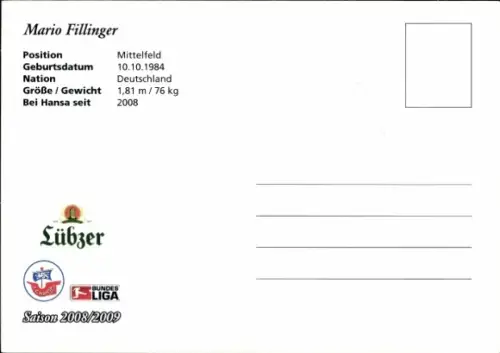 Autogrammkarte Fußballer Mario Fillinger, FC Hansa Rostock, Autogramm