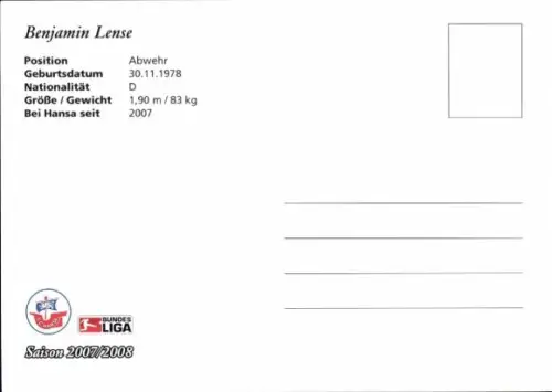 Autogrammkarte Fußballer Benjamin Lense, FC Hansa Rostock, Autogramm
