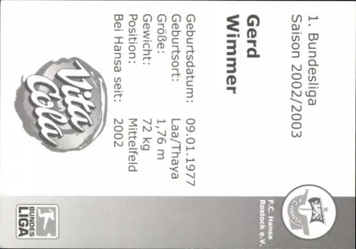 Autogrammkarte Fußballer Gerd Wimmer, FC Hansa Rostock, Autogramm