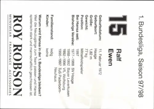 Autogrammkarte Fußballer Ralf Ewen, FC Hansa Rostock, Autogramm