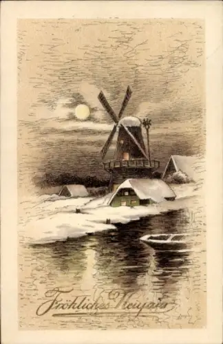 Künstler Ak Glückwunsch Neujahr, Windmühle