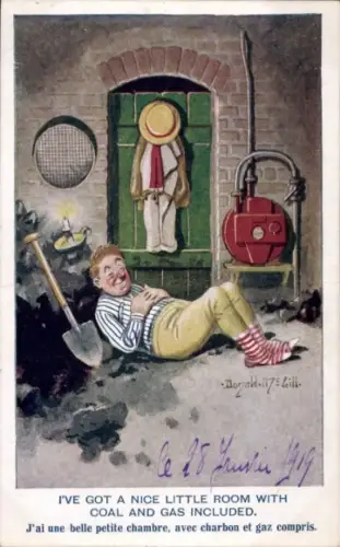 Künstler Ak McGill, Donald, Mann schläft im Kohlenkeller