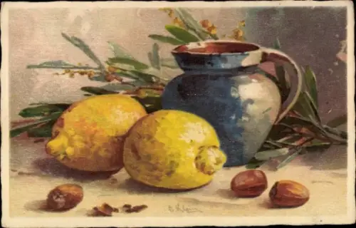 Künstler Ak Klein, Catharina, Zitronen, Nüsse, Krug, Olivenzweig, Stillleben