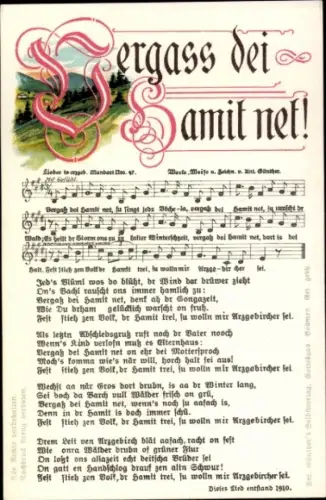 Lied Ak Günther, Anton, Vergaß dei Hamit net, Erzgebirgische Mundart Nr 47