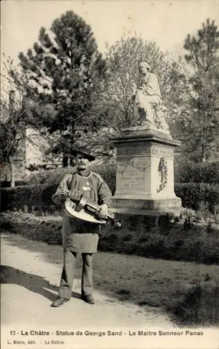 Ak La Châtre Indre, Statue de George Sand, Le Maitre Sonneur Panas, Drehleier