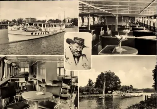 Ak Weiße Flotte Berlin, Fahrgastschiff, Innenansicht, Portrait Heinrich Zille