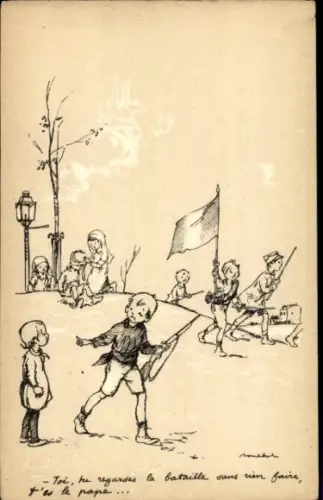Künstler Ak Poulbot, F., Kinder als Soldaten, Fahne