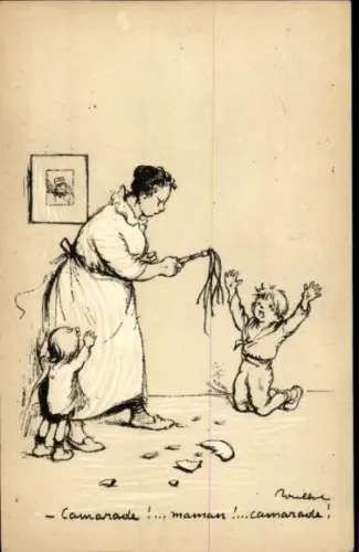 Künstler Ak Poulbot, F., Frau schlägt ihre Kinder, Zerbrochener Teller