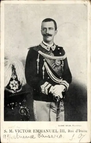 Glitzer Ak Vittorio Emanuele III, Viktor Emanuel III., König von Italien, Portrait in Uniform