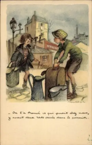 Künstler Ak Poulbot, Francisque, Junge an der Wasserpumpe, Mädchen mit einem Eimer