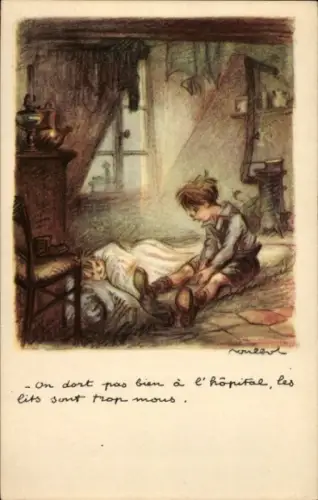 Künstler Ak Poulbot, Francisque, Jungen, Matratze auf dem Boden, Ligue nationale contre le taudis