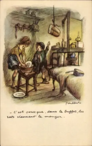 Künstler Ak Poulbot, Mädchen spült Geschirr, aufgehängtes Brot