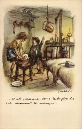 Künstler Ak Poulbot, Mädchen spült Geschirr, aufgehängtes Brot