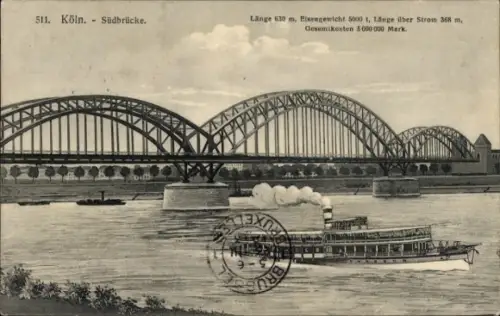Ak Dampfer Deutscher Kaiser, Köln Düsseldorfer Rhein Dampfschifffahrt,  Südbrücke, Dampfschiff, R