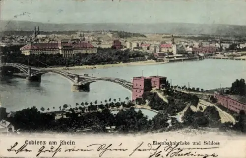 Ak Coblenz Koblenz am Rhein, Coblenz am Rhein, Eisenbahnbrücke, Schloss, farbige Ansicht