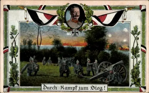 Ak Schlachtfeld, Deutsche Soldaten, Kanonen, Kaiser Wilhelm II, Patriotik, Fahne