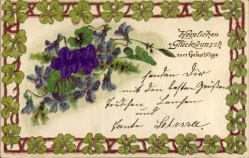 Präge Material Ak Glückwunsch Geburtstag, Blumen, Glücksklee