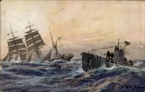 Künstler Ak Stöwer, Willy, Deutsches U Boot versenkt französische Bark, Atlantik, U-Boot Spende 1917