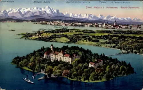 Ak Staad Konstanz am Bodensee, Insel Mainau, Bodensee, Staad- Berge im Hintergrund, Schiffe