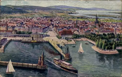 Ak Konstanz am Bodensee, Luftaufnahme von  Hafen, Boote, Stadtansicht, Wasser