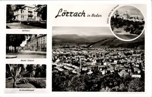 Ak Lörrach in Baden, Rathaus, Basler Strasse, Rosenfelspark,  Rhein bei Lörrach