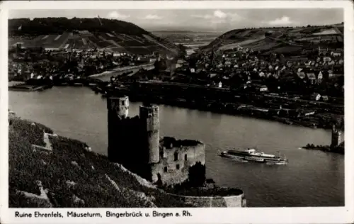 Ak Bingen am Rhein, Ruine Ehrenfels, Mäuseturm, Bingerbrück, Rhein, Schiff