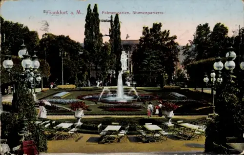 Ak Frankfurt am Main, Frankfurt a. M., Palmerwarten, Blumenparterre, Brunnen, Pflanzen, Menschen
