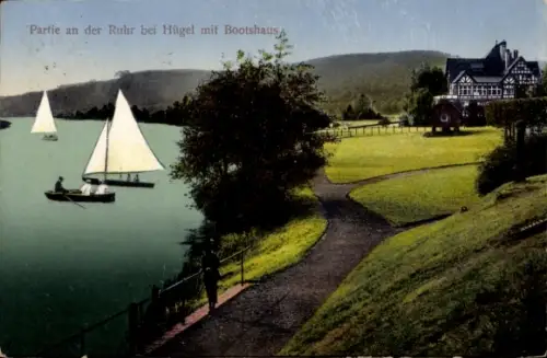 Ak Bredeney Essen im Ruhrgebiet, Hügel, Bootshaus, Segelboote