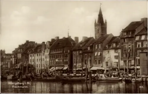 Ak Kaliningrad Königsberg Ostpreußen, Königsberg i. Pr., Fischmarkt,  Gebäude, Boote im Wasser