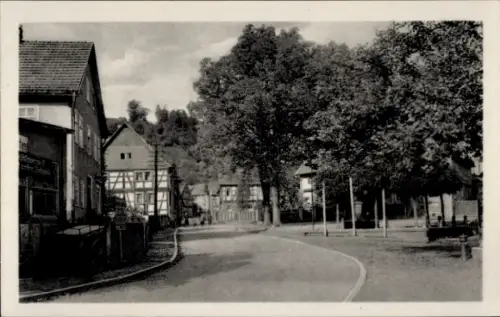 Ak Trusetal in Thüringen, Straße mit Bäumen, Häusern, Pappenheimplatz, Schwarz-Weiß-Foto