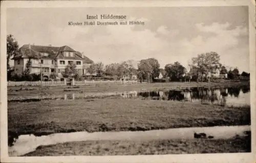 Ak Kloster Hiddensee Ostsee, Hotel Dornbursch und Hitthim, Schwemmwiese