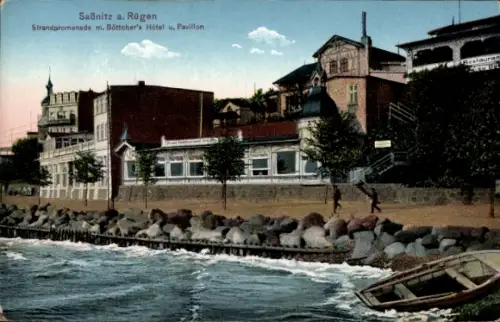 Ak Sassnitz auf Rügen, Strandpromenade mit Böttcher's Hotel und Pavillon