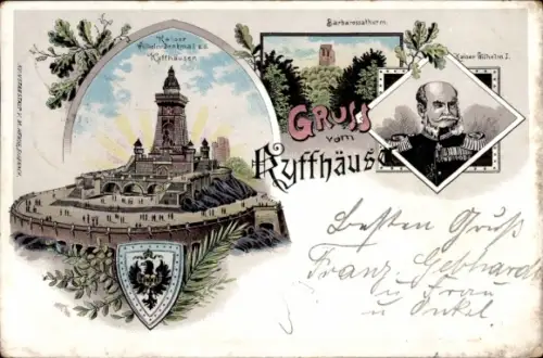 Litho Steinthaleben Kyffhäuserland in Thüringen, Kyffhäuser, Kaiser Wilhelm Denkmal, Barbarossaturm