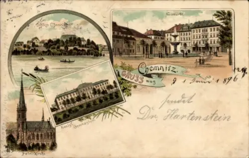 Litho Chemnitz in Sachsen, Schloss Chemnitz, Petrikirche, Königl. Gymnasium, Neumarkt