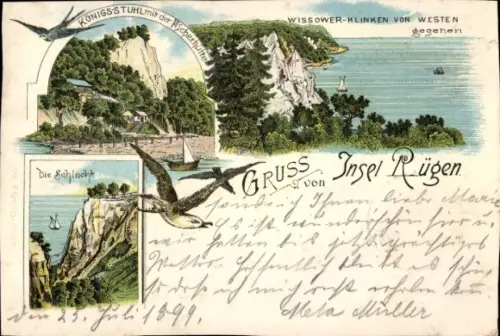 Litho Sassnitz auf Rügen, Königsstuhl, Fischerhütte, Wissower Klinken von Westen, Schlucht